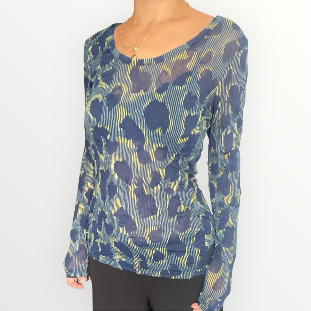 Sandwich Semi Sheer Leopard Blue/Yellow Pattern Long Sleeve Top Size S/M
